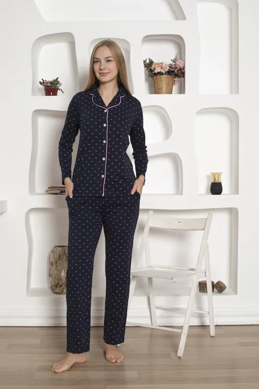 Boydan Düğmeli Kadın Pijama Takımı - Fiyonk Desenli Likralı Rink Viskon