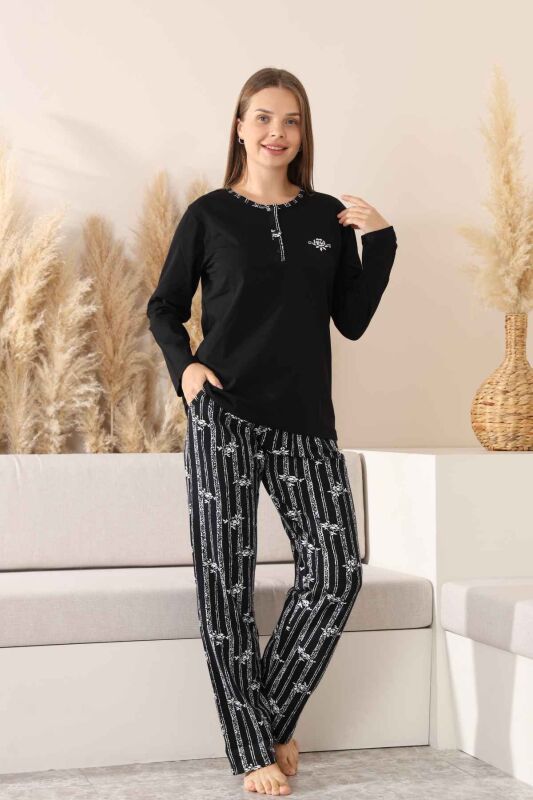 Çizgili Kadın Pijama Takımı - Siyah Nakışlı Uzun Kollu Likralı Pamuk