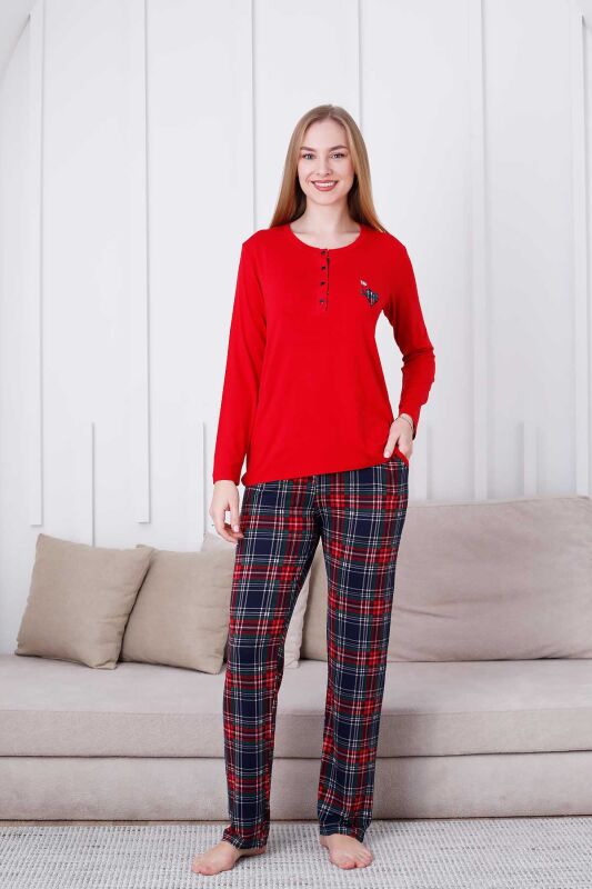 Ekoseli Kadın Pijama Takımı - Kırmızı Kareli Nakışlı Likralı Viskon Uzun Kol