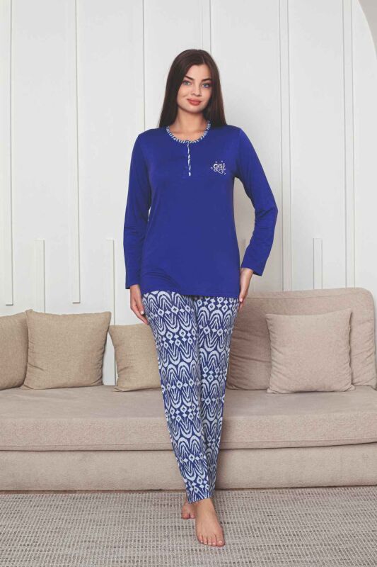 Etnik Desenli Kadın Pijama Takımı - Saks Mavi Nakışlı Uzun Kollu Likralı