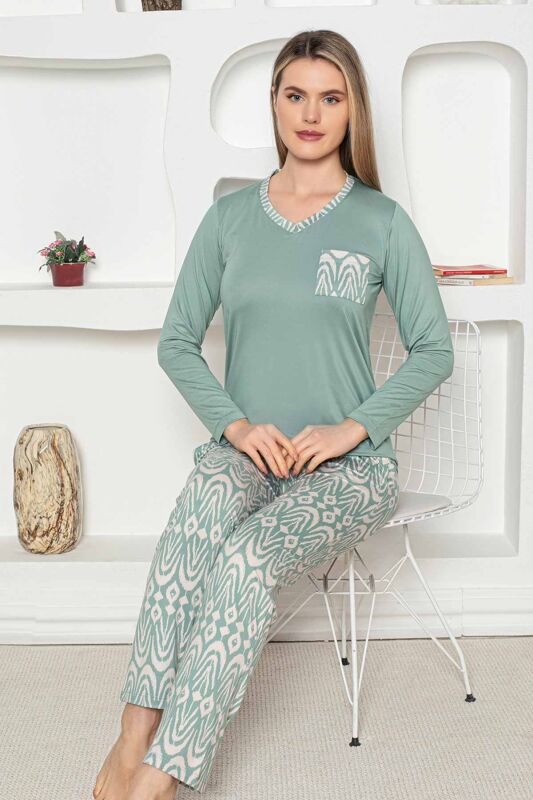 Etnik Desenli Kadın Pijama Takımı - Yeşil Uzun Kollu Milan kumaş