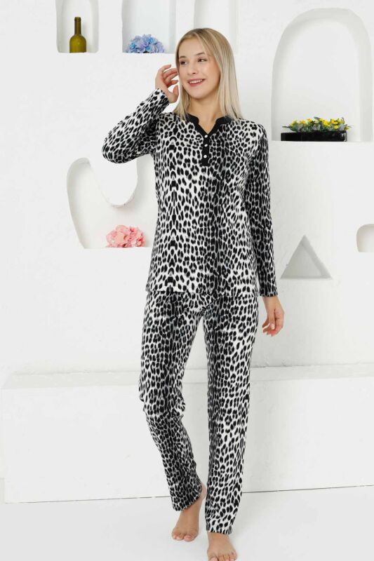 Gri Leopar Uzun Kollu Bayan Pijama Takımı 