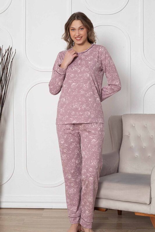 Gülkurusu Çiçek Desenli Uzun Kollu Bayan Pijama Takımı 