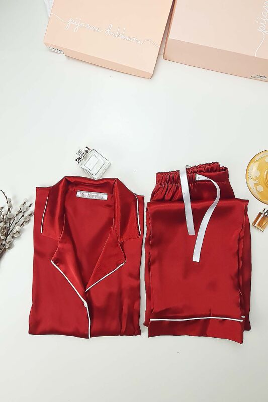 İpek Saten Boydan Düğmeli Kadın Pijama Takımı - Bordo Erkek Yaka Fiyonklu 