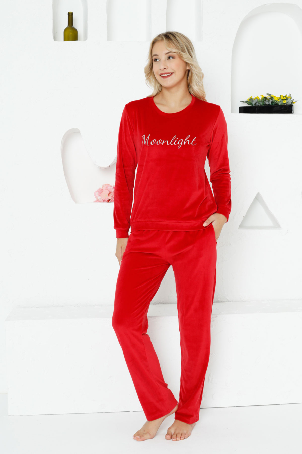 Kadife Kadın Pijama Takımı - Moonlight İthal Kadife Kırmızı Cepli
