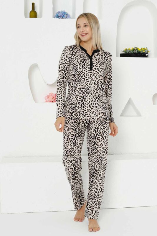 Kahverengi Leopar Uzun Kollu Bayan Pijama Takımı 
