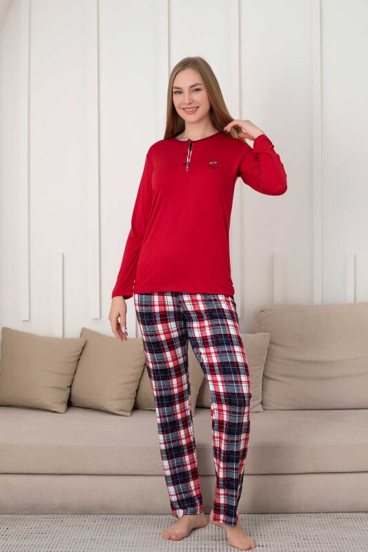 Kareli Kadın Pijama Takımı - 3 Düğme Uzun Kol Likralı Viskon