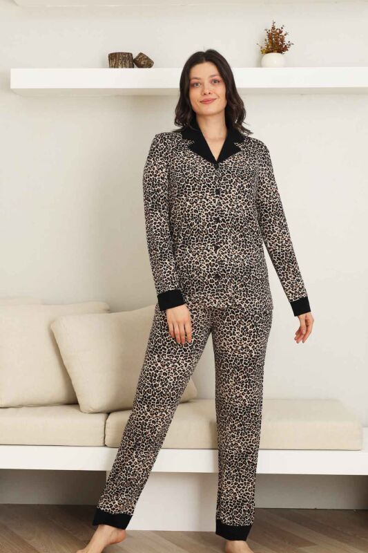 Leopar desenli Kadın Pijama Takımı - Bambu Likralı Kumaş Önden düğmeli Uzun Kol
