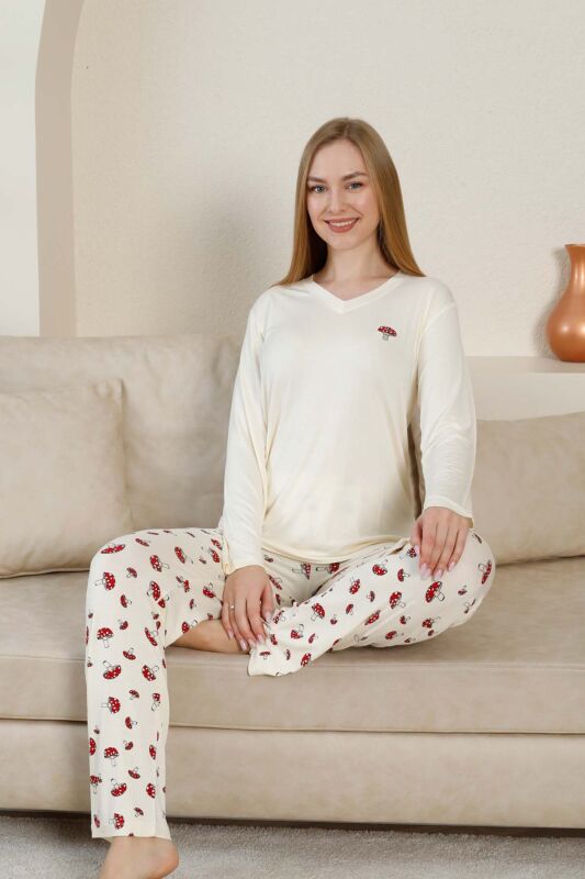 Mantar Desenli Kadın Pijama Takımı - Ekru V Yaka Likralı Viskon Uzun Kollu