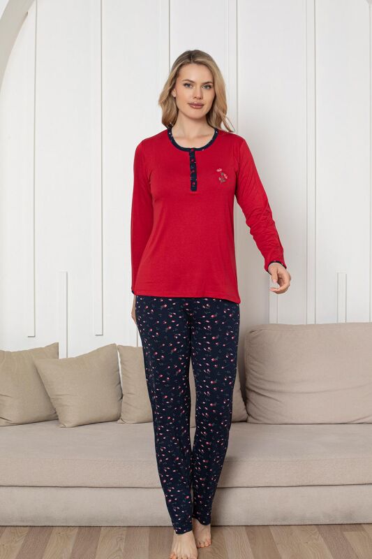 Nakışlı Kadın Pijama Takımı - Laciver Gül Desenli Uzun Kol Likralı Rink Viskon 