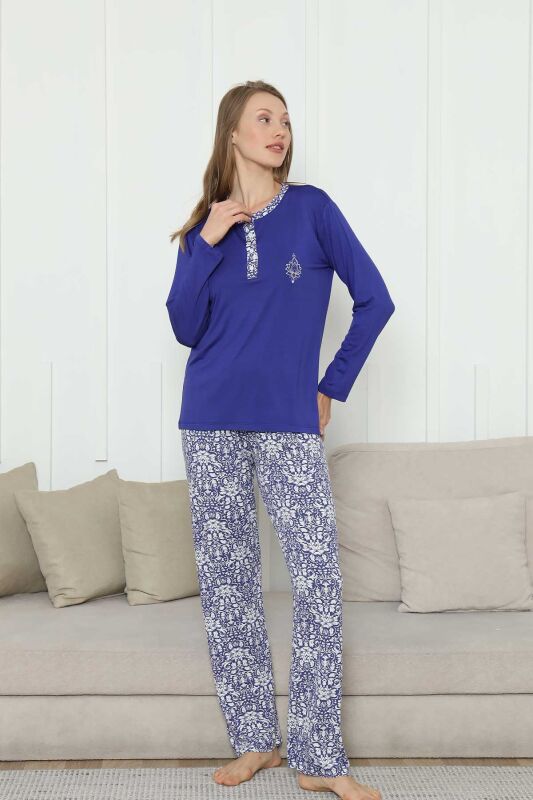 Nakışlı Kadın Pijama Takımı -Saks Mavi Etnik Desenli Uzun Kol Likralı Rink Viskon