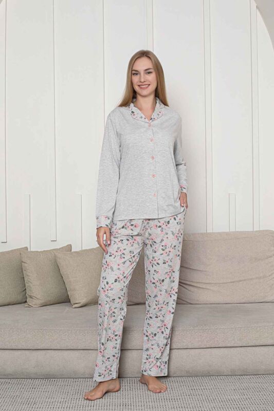 Önden Düğmeli Kadın Pijama Takımı - Gri Çiçek Desenli Uzun Kol Likralı Rink Viskon