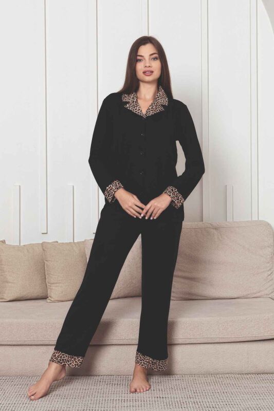 Önden Düğmeli Kadın Pijama Takımı - Siyah Leopar Desen Dakalı Uzun Kol Likralı Rink Viskon