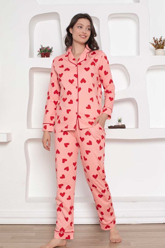 Önden Düğmeli Kadın Pijama Takımı - Pembe Kalp desenli Penye 