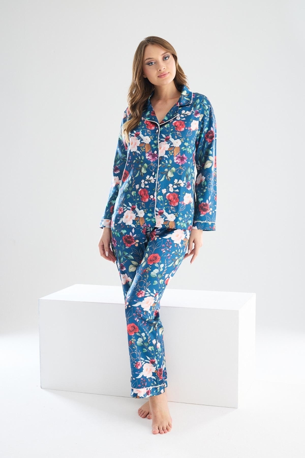 Perla Mavi İpek Saten Çiçek Desenli Kadın Pijama Takımı 