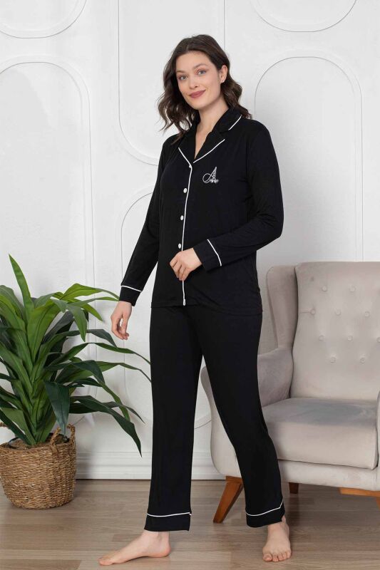 Siyah Önden Düğmeli Bayan Pijama Takımı