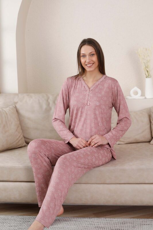 Uzun Kollu Bayan Pijama Takımı - Gülkurusu Çiçek Desen Likralı Viskon