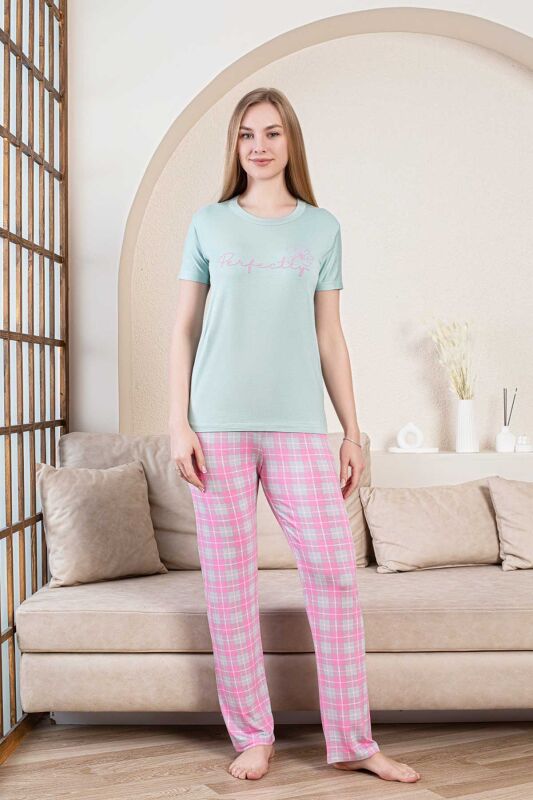 Ekoseli Kadın Pijama Takımı - Perfectly Yeşil Kısa Kollu Likralı Bambu