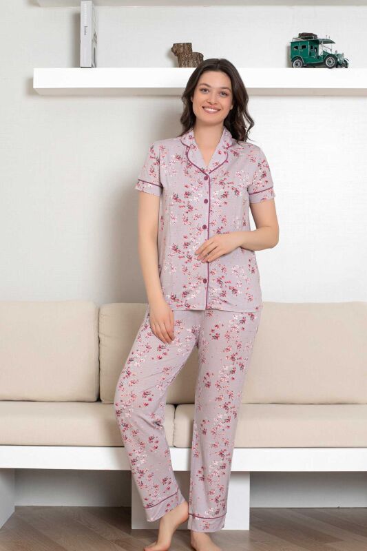 Önden Düğmeli Kadın Pijama Takımı - Kısa Kol Likralı Rink Viskon 