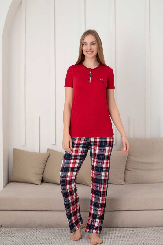 Kareli Kadın Pijama Takımı - 3 Düğme Kısa Kol Likralı Viskon 