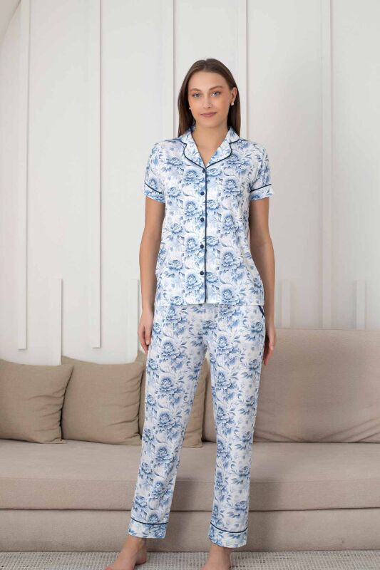 Çiçek Desenli Kadın Pijama Takımı - Boydan Düğmeli Likralı Viskon