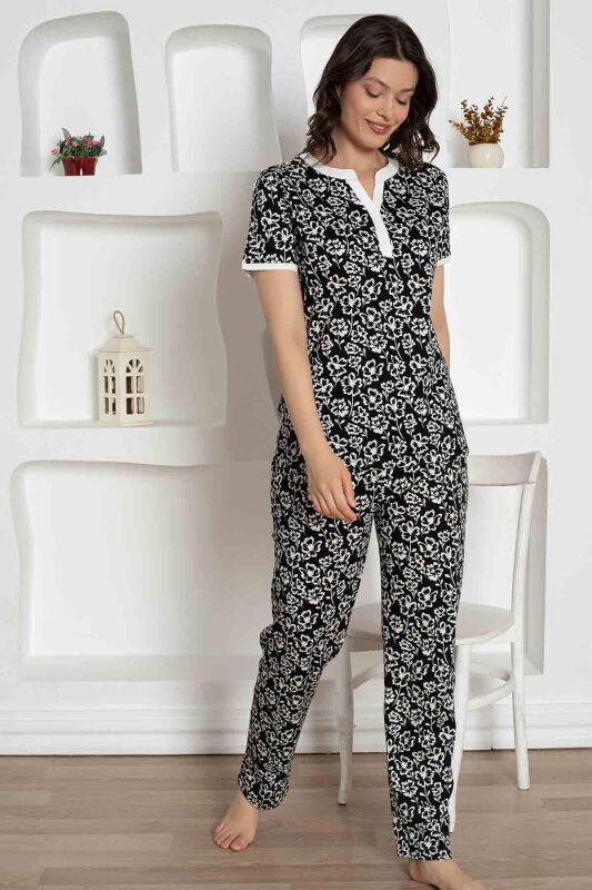 Siyah Çiçek Desenli Penye Bayan Pijama Takımı