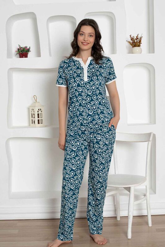 İndigo Çiçek Desenli Penye Bayan Pijama Takımı