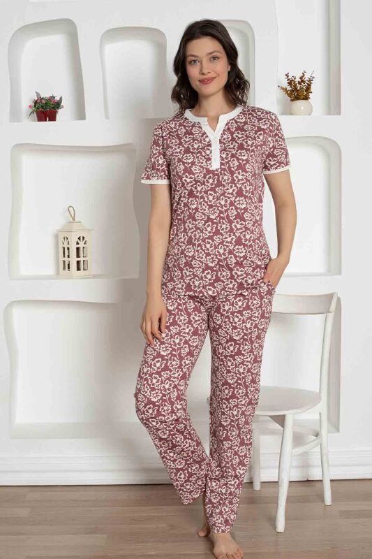 Gül Kurusu Çiçek Desenli Penye Bayan Pijama Takımı 