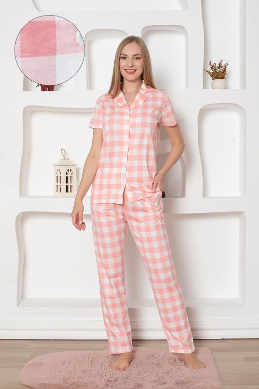 Ekoseli Önden Düğmeli Kadın Pijama Takımı - Pembe Kısa Kollu Penye