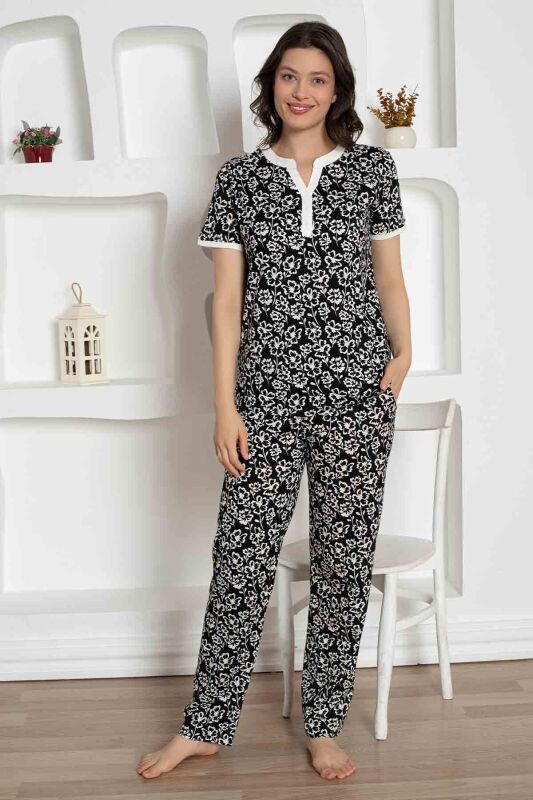 Siyah Çiçek Desenli Penye Bayan Pijama Takımı 