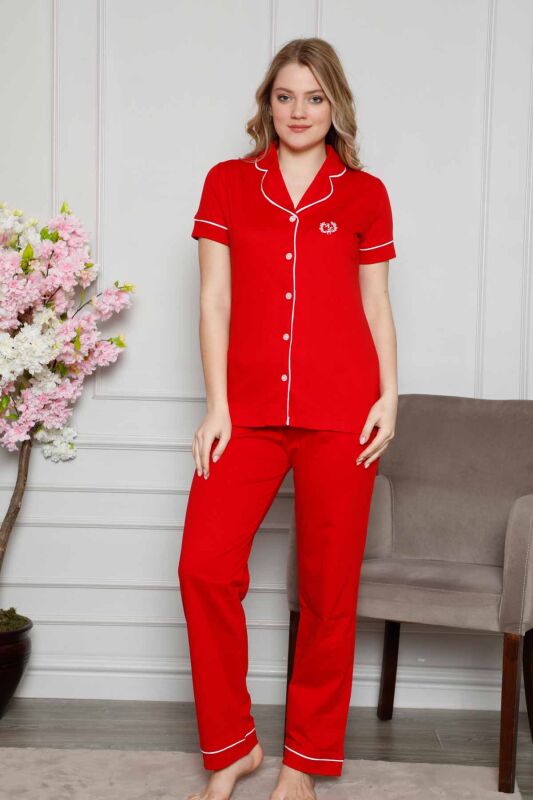 Kırmızı Önden Düğmeli Kısa Kollu Bayan Pijama Takımı