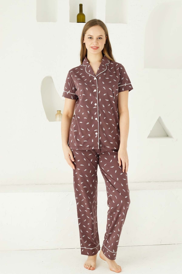Mürdüm Önden Düğmeli Kısa Kollu Bayan Pijama Takımı 