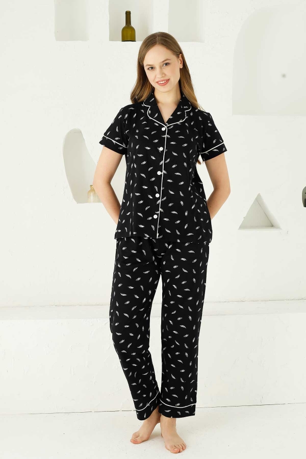 Siyah Önden Düğmeli Kısa Kollu Bayan Pijama Takımı 