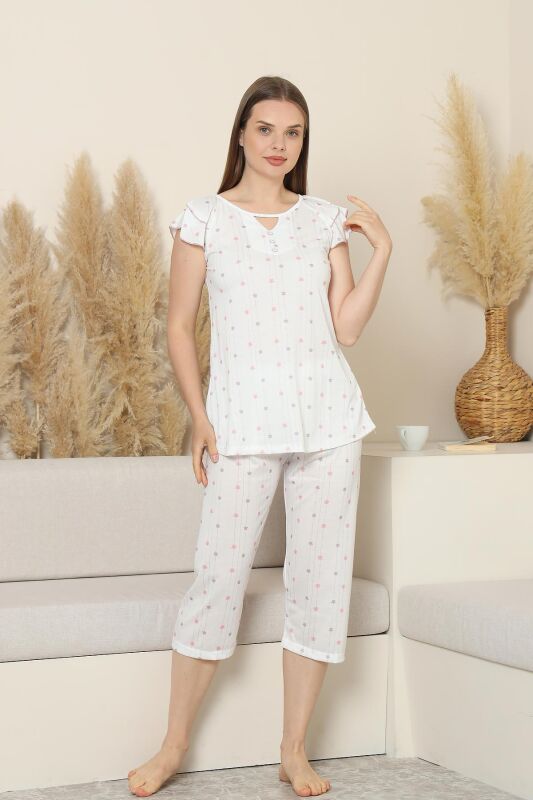 Desenli Kadın Pijama Takımı - Kelebek Fırfırlı kol Likralı Viskon Bermuda