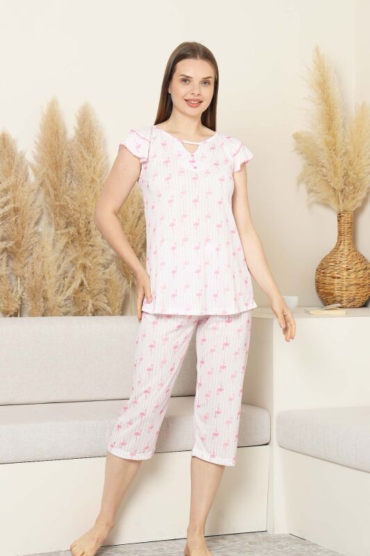 Desenli Kadın Pijama Takımı - Kuğu Fırfırlı kol Likralı Viskon Bermuda