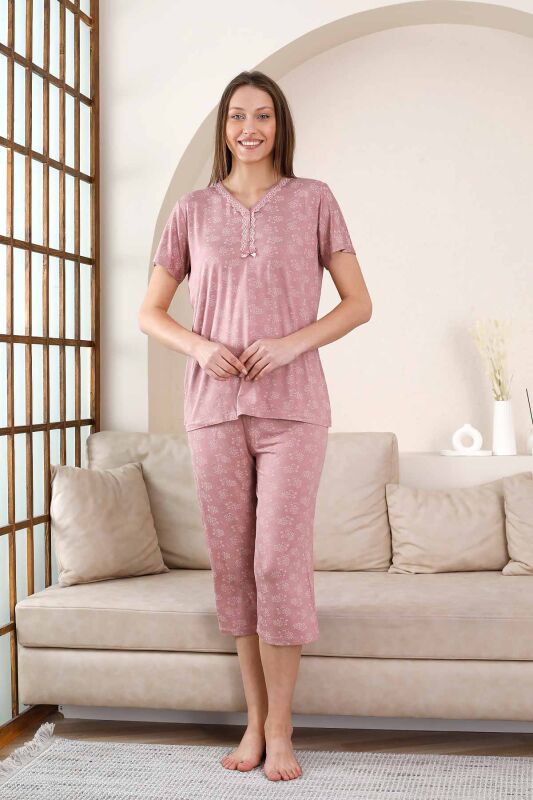Bermuda Bayan Pijama Takımı - Gülkurusu Çiçek Desen Likralı Viskon
