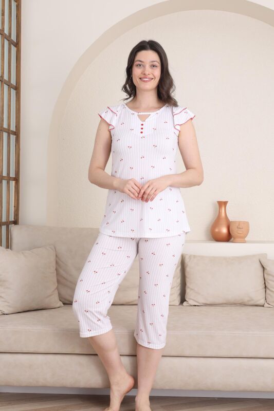 Desenli Kadın Pijama Takımı - Kiraz Fırfırlı kol Likralı Viskon Bermuda
