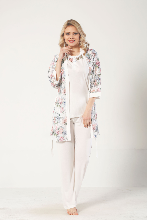 Ekru Dantel Sabahlıklı Kutulu Kadın Pijama Takımı