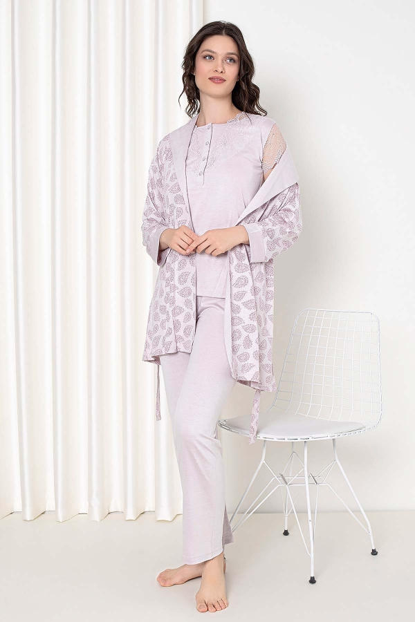 Gülkurusui Sabahlıklı 3 lü Kutulu Kadın Pijama Takımı