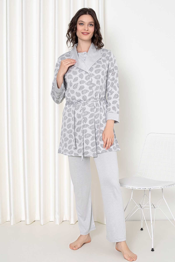 Gri Sabahlıklı 3 lü Kutulu Kadın Pijama Takımı 