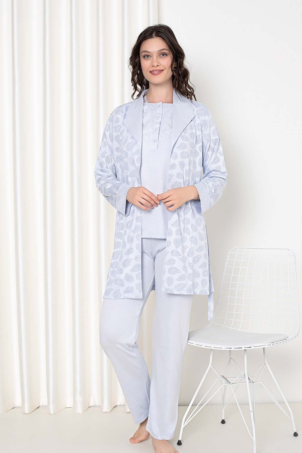 Mavi Sabahlıklı 3 lü Kutulu Kadın Pijama Takımı 
