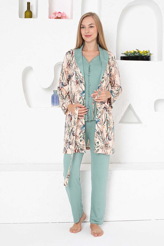 Sabahlıklı Pijama Takımı - Yeşil Dantel Detaylı 3 Parça Likralı 