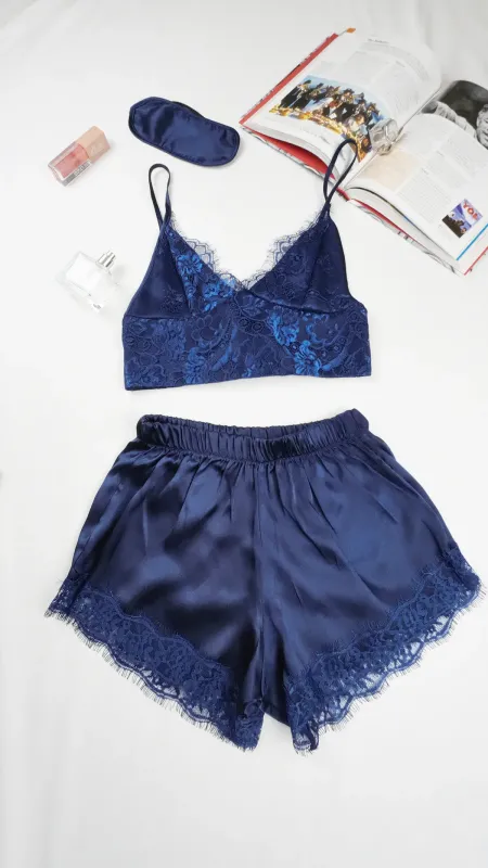 İpek Saten 8 li Çeyizlik Pijama Seti - Lacivert Dantelli Sabahlık Gecelik Şort
