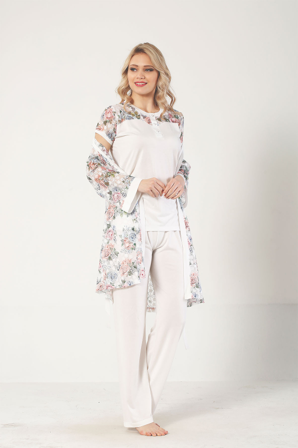 Ekru Dantel Sabahlıklı Kutulu Kadın Pijama Takımı