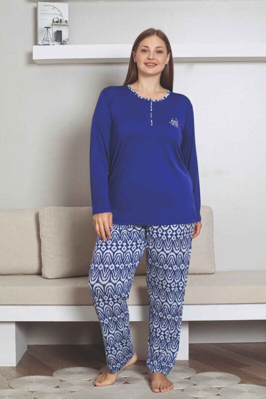 Büyük Beden Etnik Desenli Kadın Pijama Takımı - Saks Mavi Nakışlı Uzun Kollu Likralı Kumaş 