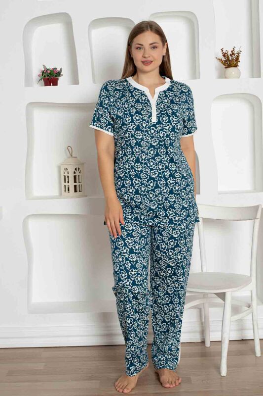 İndigo Çiçek Desenli Büyük Beden Bayan Pijama Takımı 