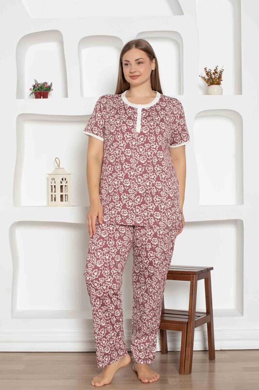 Gül Kurusu Çiçek Desenli Büyük Beden Bayan Pijama Takımı 