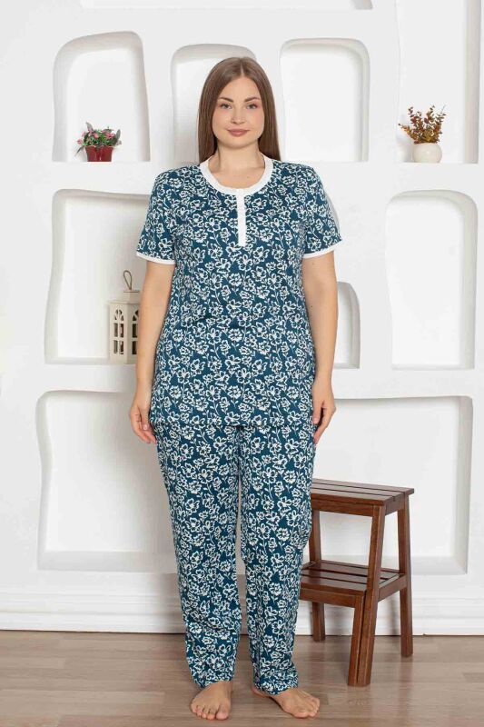 İndigo Çiçek Desenli Büyük Beden Bayan Pijama Takımı 