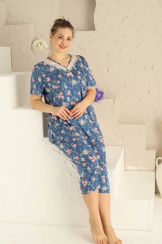 Bahar Dalı İndigo BATTAL Bermuda Bayan Pijama Takımı