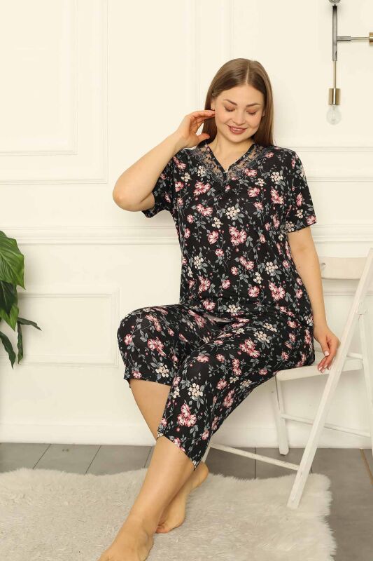 Bahar Dalı Siyah BATTAL Bermuda Bayan Pijama Takımı 